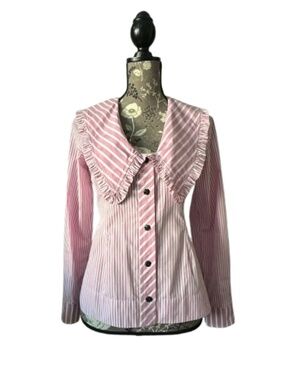 GANNI Women' 34/XS/2-4 Pink & White Long Sleeves Ruffled Collar Button Up Blouse